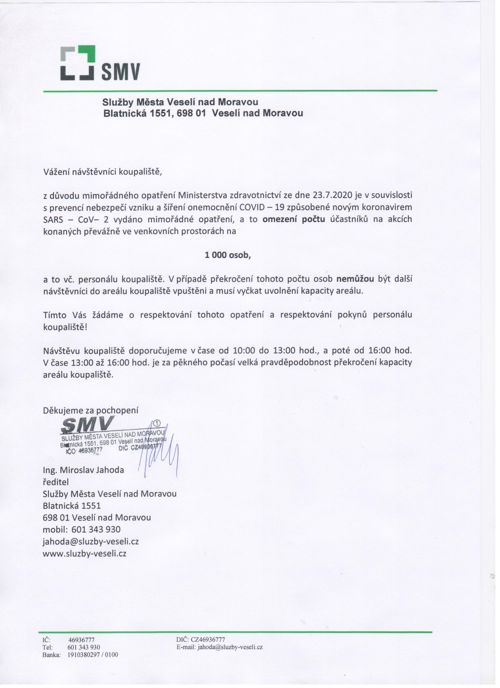 Informace k omezení počtu účastníků na letním koupališti 29. 07. 2020